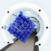 Tube with flying glass cubes, 3D-illustration