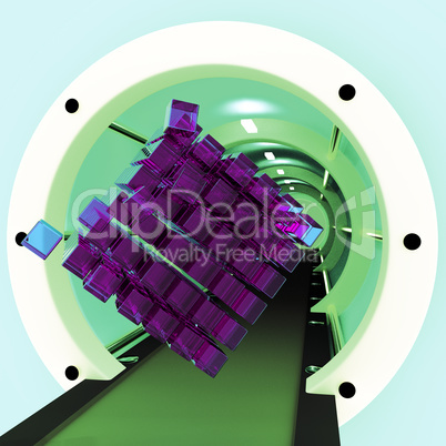 Tube with flying glass cubes, 3D-illustration