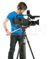 Professional cameraman on white background