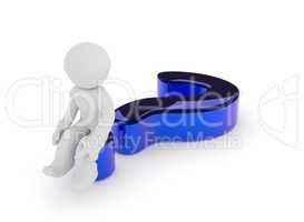 Man on a glossy blue question mark, 3d render