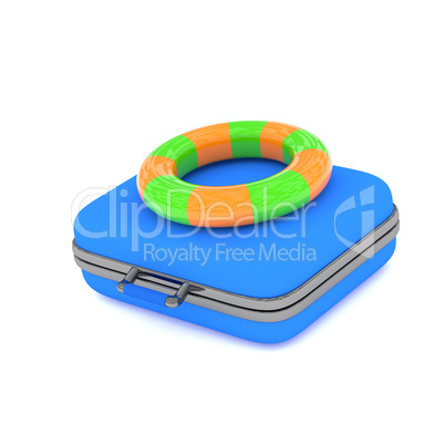 Vacation concept with a blue luggage and floating ring, 3d rende