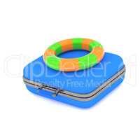 Vacation concept with a blue luggage and floating ring, 3d rende