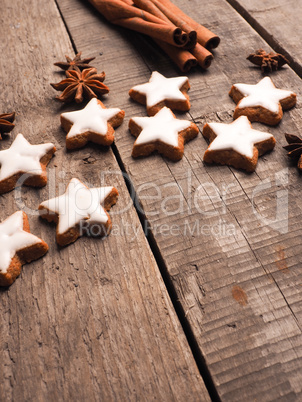 Sweet cinnamon stars on a wooden table