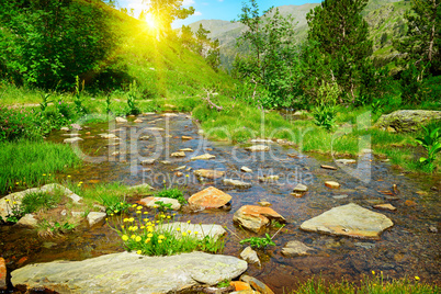 Sunset in mountains and a picturesque stream