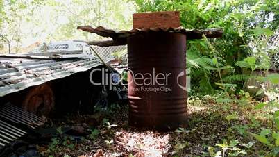 Rusty oil barrel and junk in a garden. Slide right to left. Long shot.