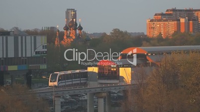 The Moscow monorail train in the area of Ostankino TV center in evening