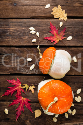 autumn background with leaves and pumpkins, thanksgiving and halloween card