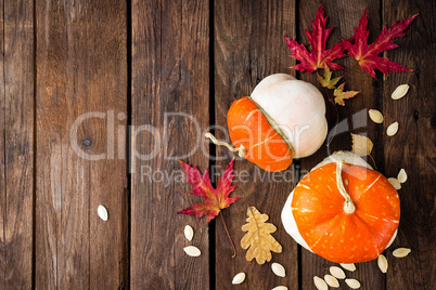 autumn background with leaves and pumpkins, thanksgiving and halloween card