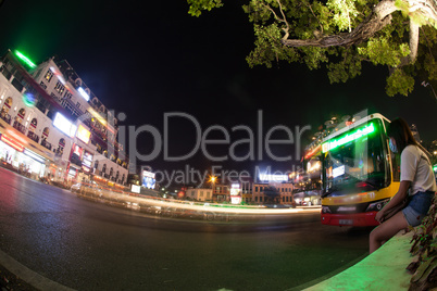 Night traffic on Hanoi road at night, motion view