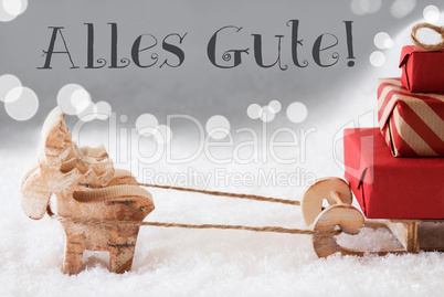 Reindeer With Sled, Silver Background, Alles Gute Means Best Wishes