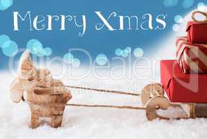 Reindeer, Sled, Light Blue Background, Text Merry Xmas