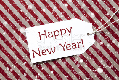 Label On Red Paper, Snowflakes, Text Happy New Year