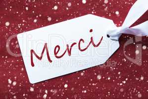 Label On Red Background, Snowflakes, Merci Means Thank You