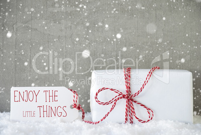 Gift, Cement Background With Snowflakes, Quote Enjoy Little Things