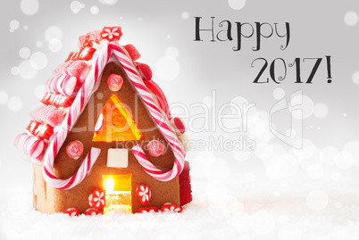 Gingerbread House, Silver Background, Text Happy 2017