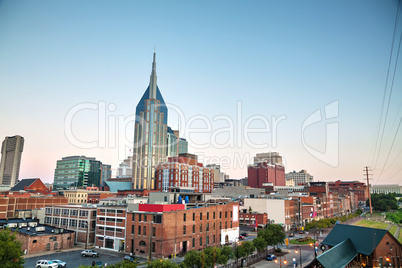 Downtown Nashville cityscape in the evening