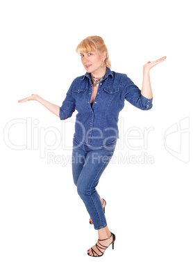 Woman standing gesturing with hands. Woman standing gesturing with hands.