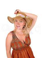 Blond woman with straw hat.