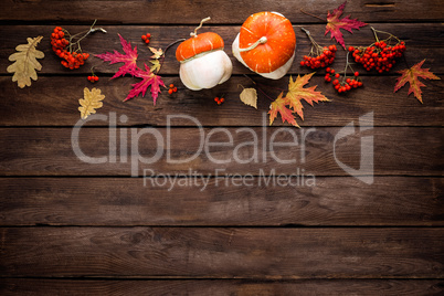 autumn background with leaves and pumpkins, thanksgiving and halloween card
