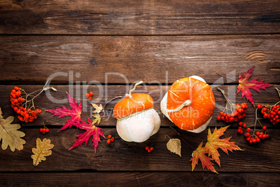 autumn background with leaves and pumpkins, thanksgiving and halloween card