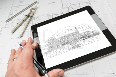 Hand of Architect on Computer Tablet Showing Home Illustration O