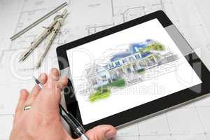Hand of Architect on Computer Tablet Showing Home Illustration O