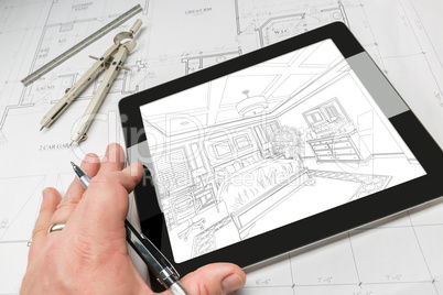 Hand of Architect on Computer Tablet Showing Bedroom Illustratio