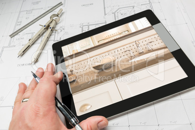 Hand of Architect on Computer Tablet Showing Bathroom Details Ov