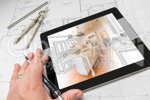 Hand of Architect on Computer Tablet Showing Kitchen Illustratio