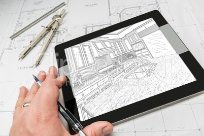 Hand of Architect on Computer Tablet Showing Kitchen Illustratio