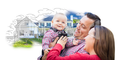 Young Family Over House Drawing and Photo on White