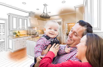 Young Family Over Custom Kitchen Drawing and Photo Combination