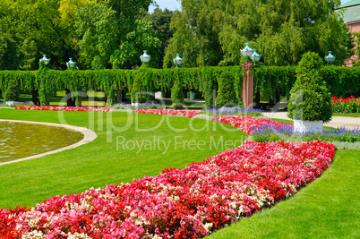 summer park with flower bed and green lawn