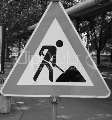Road works sign in black and white