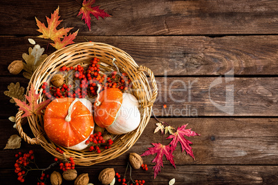 autumn background with leaves and pumpkins, thanksgiving and halloween card