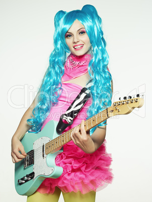 The girl in anime-style guitar playing.