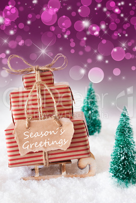 Vertical Christmas Sleigh On Purple Background, Text Seasons Greetings