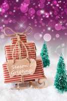 Vertical Christmas Sleigh On Purple Background, Text Seasons Greetings