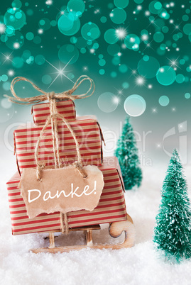 Vertical Christmas Sleigh On Green Background, Danke Means Thank You