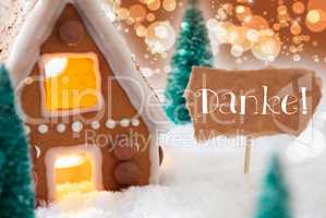Gingerbread House, Bronze Background, Danke Means Thank You