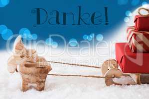 Reindeer With Sled, Blue Background, Danke Means Thank You