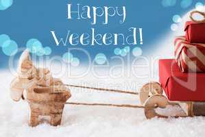 Reindeer, Sled, Light Blue Background, Text Happy Weekend