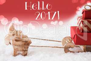 Reindeer With Sled, Red Background, Text Hello 2017
