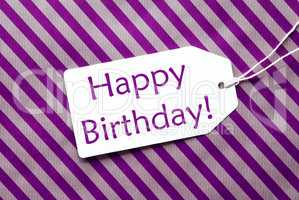 Label On Purple Wrapping Paper, Text Happy Birthday