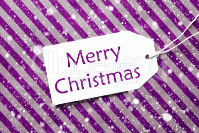 Label On Purple Wrapping Paper, Snowflakes, Text Merry Christmas
