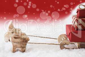 Reindeer With Sled, Red Background, Copy Space