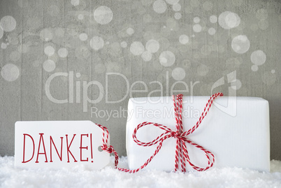 Gift, Cement Background With Bokeh, Danke Means Thank You