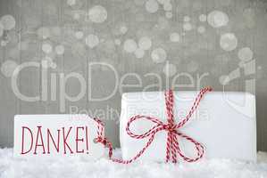 Gift, Cement Background With Bokeh, Danke Means Thank You