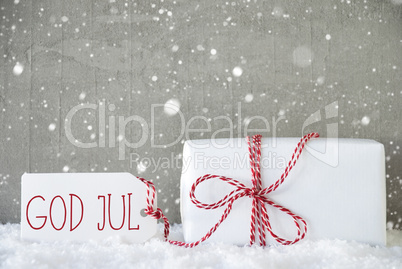 Gift, Cement Background With Snowflakes, God Jul Means Merry Christmas
