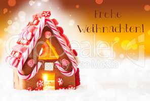 Gingerbread House, Golden Background, Frohe Weihnachten Means Merry Christmas